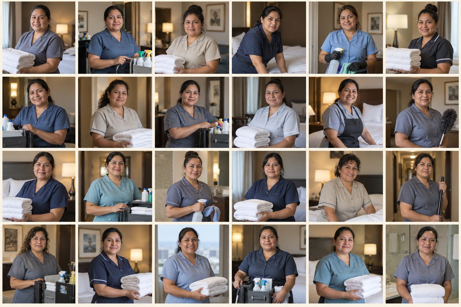 AI-generated illustration: a six-by-four grid of individual portraits, each showing a Hispanic woman working as a housekeeper.
